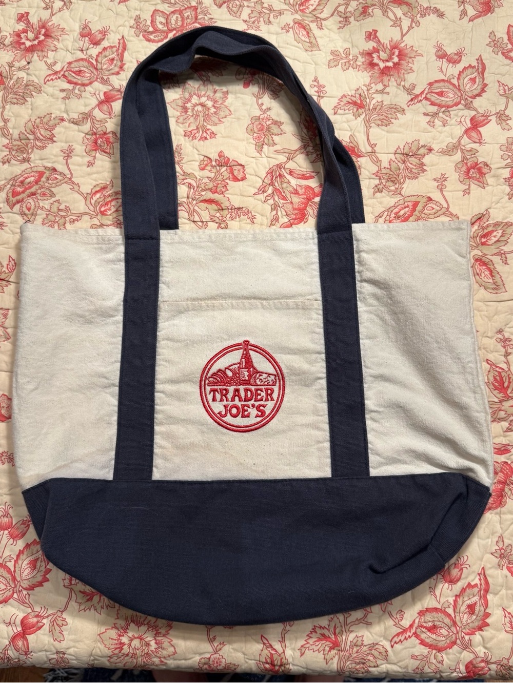 Trader Joe's Canvas Tote Bag in White and Navy - Picture 2 of 3